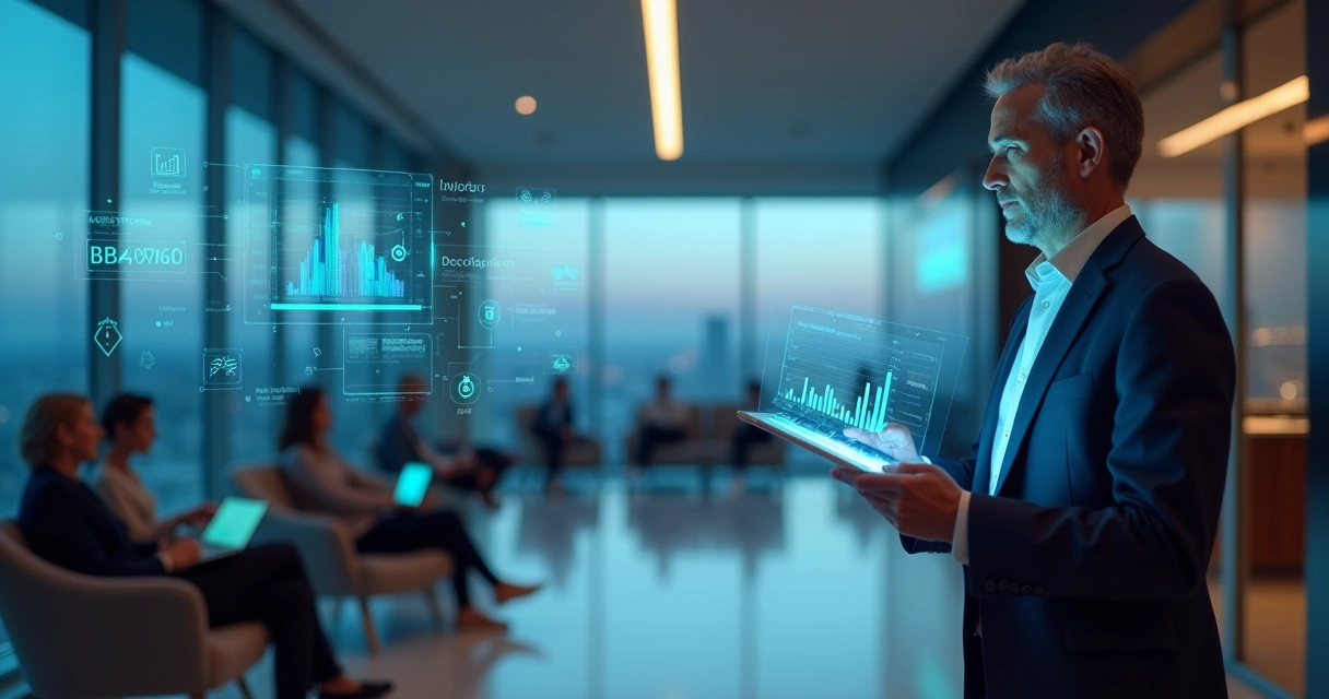 Gestor analisando painel de dados de Wi-Fi estratégico em empresa moderna