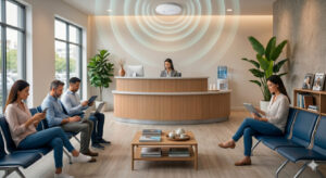 essoas em uma sala de espera conectadas com segurança via Wi-Fi e conformidade LGPD através de um access point inteligente.